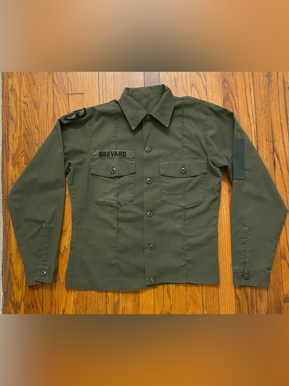 Custom Handcrafted Vintage Military Olive Green Cropped Shirt "Brevard" Medium